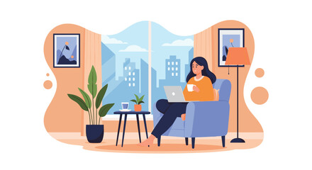 Fototapeta premium Productive young woman working from home in a cozy living room sitting in a comfortable armchair with a laptop and a cup of coffee.