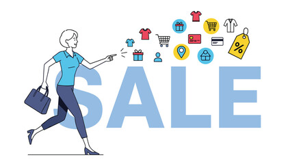Fototapeta premium Enthusiastic and excited woman running towards a big sale sign with shopping icons and discounts floating in the white background.