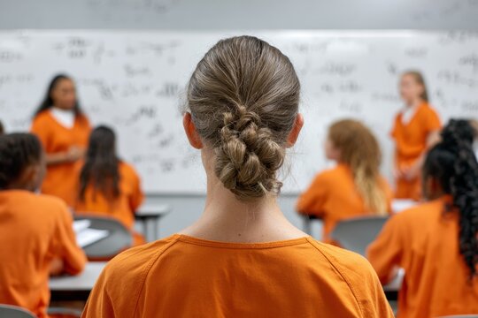 Rear view of female prisoner in orange uniform listening to a lecture in a jail classroom for rehabilitation and prison education concept