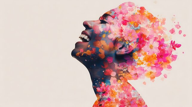 A vibrant, artistic portrait of a smiling woman"s profile blended with colorful floral patterns and paint splashes.