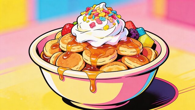 A vibrant and playful mini pancake cereal bowl, with the entire bowl fully visible, containing a generous serving of fluffy mini pancakes, drenched in a sweet and sticky syrup, and topped with a dollo