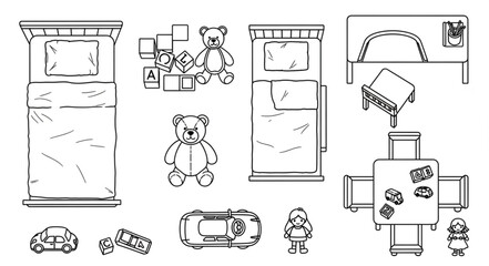 Detailed illustration of various childrens toys and furniture in a room setting. © Mungin
