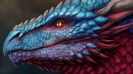 Majestic blue dragon head close-up with fierce red eyes. Fantasy mythical beast portrait in vibrant digital art style for gaming and adventure themes