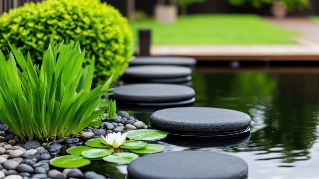 Stone pathway and lush garden surrounding tranquil pond with greenery