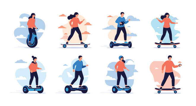 Diverse individuals riding modern electric transportation devices like unicycles, skateboards, and hoverboards for sustainable urban mobility.