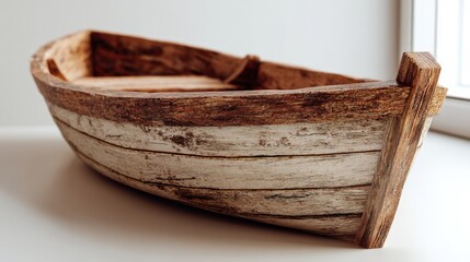 Rustic wooden rowboat on white floor near window. Vintage small boat interior still life with natural light and weathered details