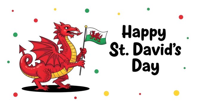 Happy st david's day celebrations with a red dragon holding welsh flag
