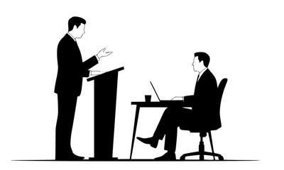 Fototapeta premium Black and white silhouette of two businessmen in a professional meeting, one presenting at a podium while the other works at a desk with a laptop in a modern office setting.