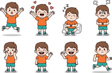 Set of cute boy character showing different emotions and actions including jumping happy sleeping angry surprised and running flat vector illustration isolated