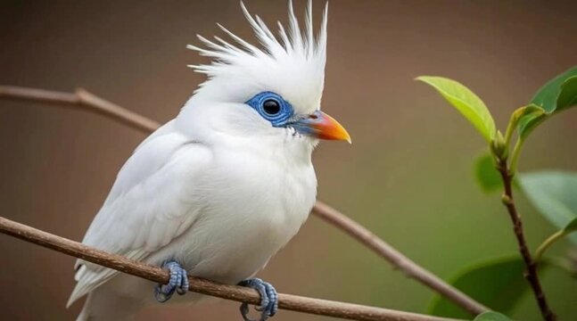 A pristine white crested bird with unique spiky plumage and striking blue eye-rings perches gracefully on a thin branch.