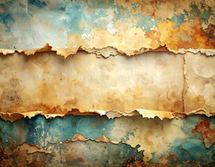 Obraz premium A grungy, torn, and aged paper texture with blue and brown hues