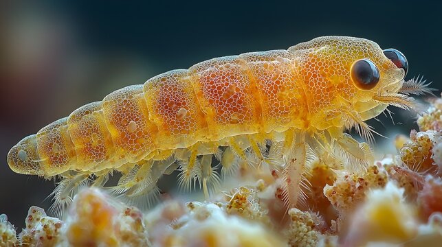 Close-up of an orange marine amphipod on coral.