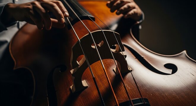 Close-up of a musician playing a large upright bass, focusing on the strings and fingerboard