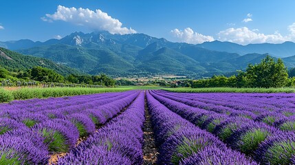 Obraz premium Lavender field rows leading to mountains under blue sky.