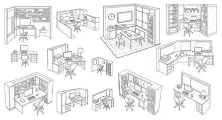 Office cubicles and workstations in a modern office environment, sketch style.