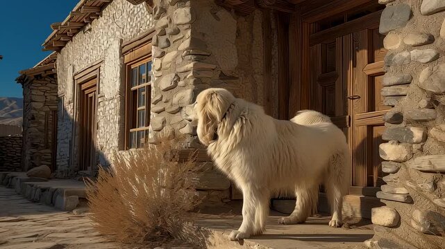Alabai Central Asian Shepherd standing guard near rustic stone house, showing protection, loyalty and traditional rural lifestyle