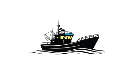 Naklejka premium Stylized illustration of a black fishing boat on blue water waves