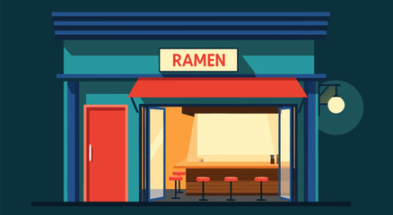 Fototapeta premium Vibrant cartoon-style ramen restaurant exterior at night, cozy vector illustration with teal walls, red awning, and warm lighting