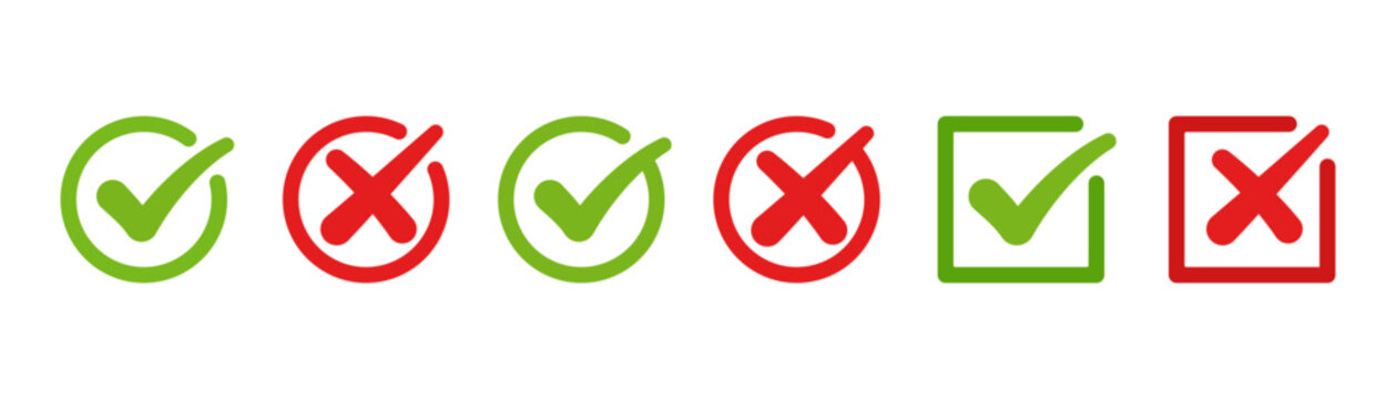 Green check mark and red cross mark icon set. Minimalist yes and no choice icon collection. Clean true and false symbol illustration
