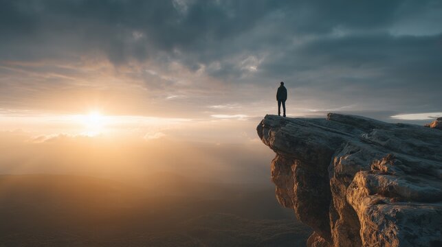 Man stands on rock edge and looks at sunset over valley with clouds during evening time