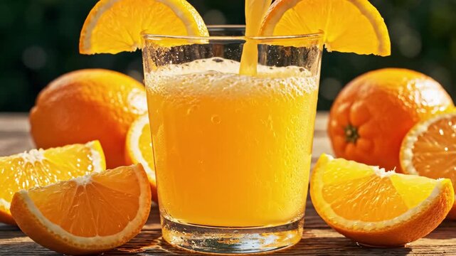 Orange juice being poured into a transparent glass with fresh oranges and slices on a wooden table, healthy drink concept.