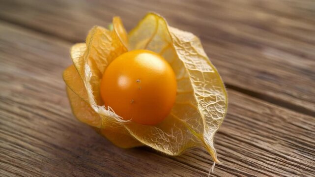 Ground Cherry on Wooden Surface Closeup.