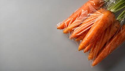 Fototapeta premium Freshly harvested vibrant orange carrots, individually wrapped in clear plastic packaging, neatly arranged on a clean, light gray background, ready for sale or storage