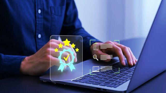 Businessman working with sign of the top service Quality assurance, Guarantee, Standards, ISO certification and standardization concept, Quality management with Quality Assurance and Quality Control