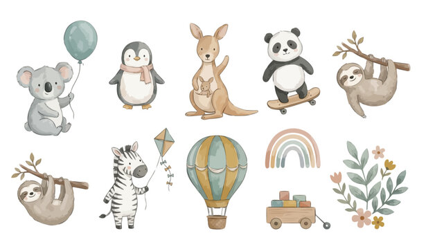 Watercolor nursery animals clipart set: koala, penguin, kangaroo, panda, sloth. Collection of Vector illustrations. Perfect for invitation, card, poster, banner, decoration