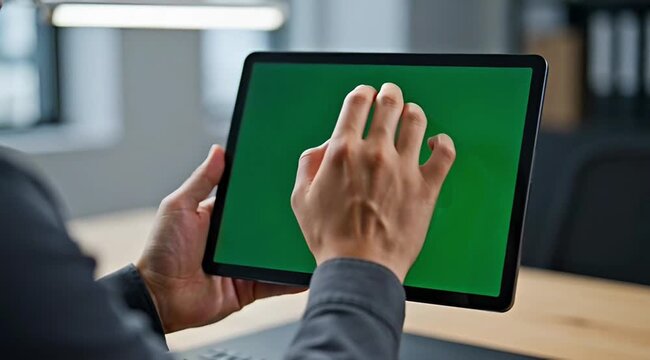 Male hands using multi-touch gestures on a digital tablet with a green screen display in an office setting