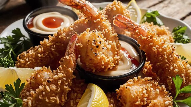 Crispy Breaded Shrimp Platter with Lemon and Dipping Sauces on Rustic Table