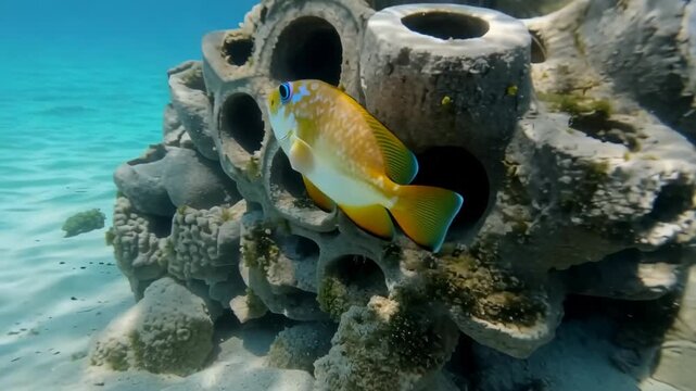 Vibrant juvenile queen angelfish swimming near artificial reef structure underwater with clear blue ocean water backdrop