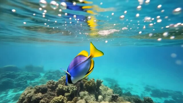 Vibrant powder blue tang swimming over coral reef ecosystem in clear turquoise waters with sunlight reflections