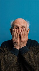 An elderly man looks at the camera, covering his face with his hands. Studio, isolated on blue background