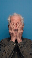 An elderly man looks at the camera, covering his face with his hands. Studio, isolated on blue background