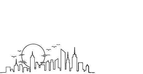 Simple line drawing of a city skyline with a large circle resembling the sun and birds