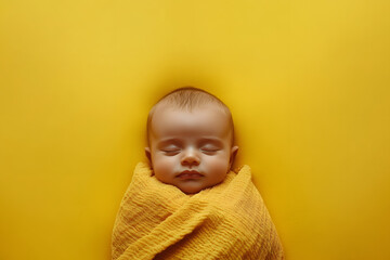 peaceful image of a newborn baby sleeping soundly - swaddled in a soft blanket yellow background