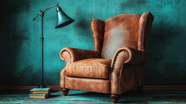 Vintage leather armchair beside lamp against turquoise wall interior