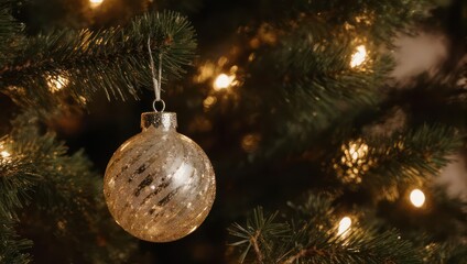 Golden Christmas Ornament on Tree with Lights.