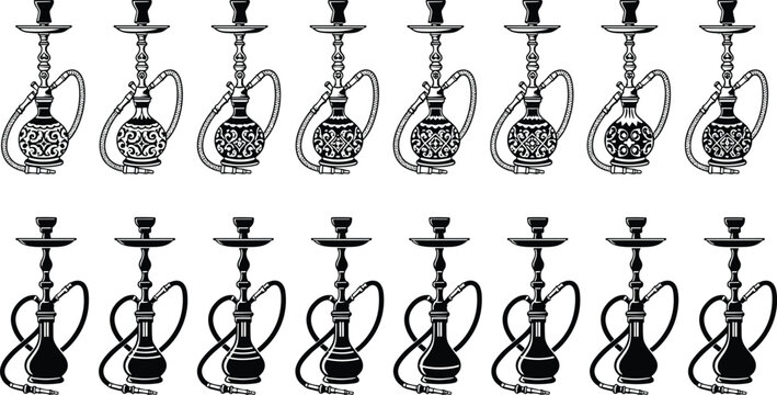 Black vector silhouettes of traditional Arabic hookahs and shisha pipes with ornate patterns, isolated on white background for lounge bar.