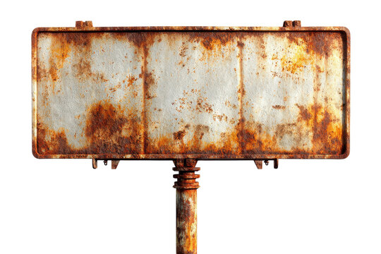 Old rusty blank sign on pole isolated on transparent background. Old rusty billboard isolated on white background.