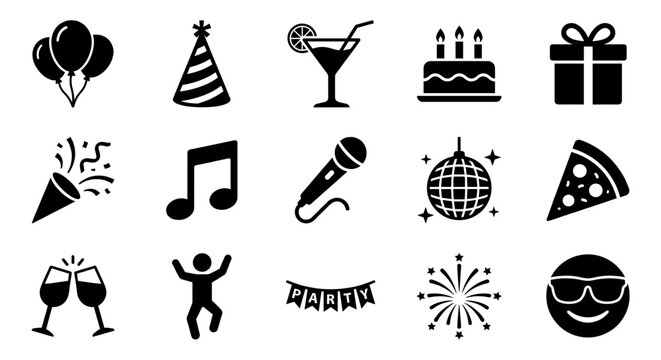 Party Celebration and Birthday Event Solid Glyph Icon Set