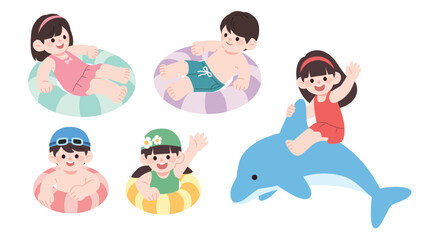 Fototapeta premium Set of kids in swimwear enjoying summer water activities and pool party