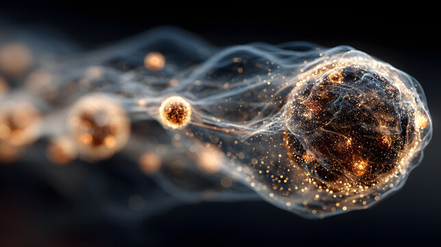 Abstract quantum network with glowing nodes and particle streams. High speed data exchange and next generation connectivity concept.