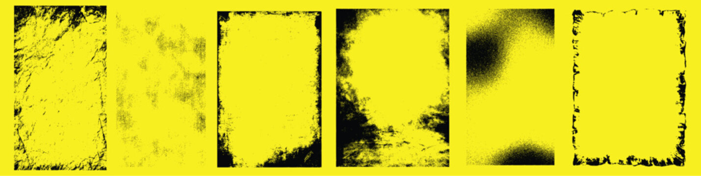 Unique collection of rough grunge ink stamp rectangle panels, vintage letterpress style brayer textures, isolated linocut vertical backgrounds on yellow