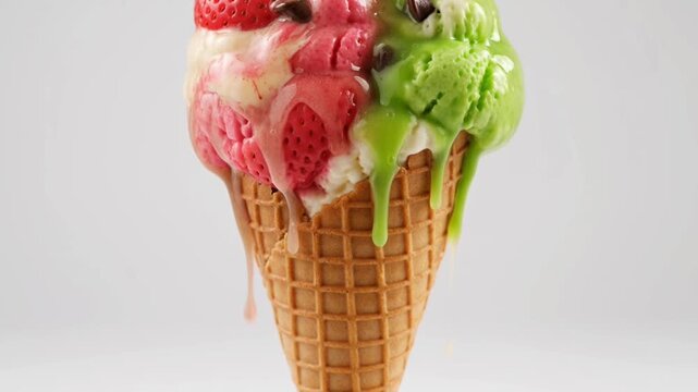Delicious ice cream cone with strawberry, matcha and vanilla flavors