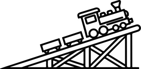 Outline of a toy train with carriages on a raised track