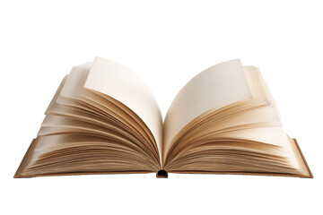 Open antique book with aged pages isolated on transparent background. Open book with aged pages, ready for new stories isolated on white background.
