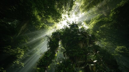 Fototapeta premium Towering vine-covered mech robot in dense forest canopy with sunbeams. Overgrown mechanical giant emerging from lush greenery under radiant light rays