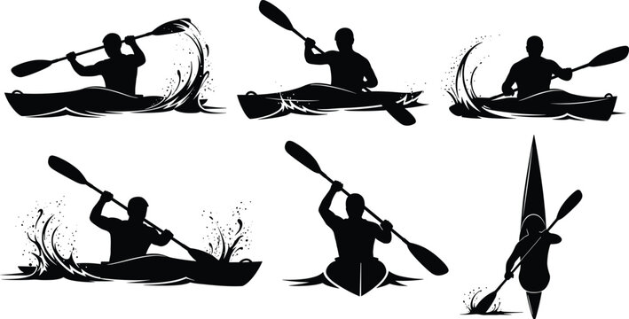 Black silhouettes of people kayaking and paddling on water with splashes isolated on white background for sports and outdoor adventure